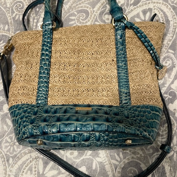 Brahmin Small Bowie Raffia/lagoon blue Satchel Crossbody summer - Picture 10 of 10